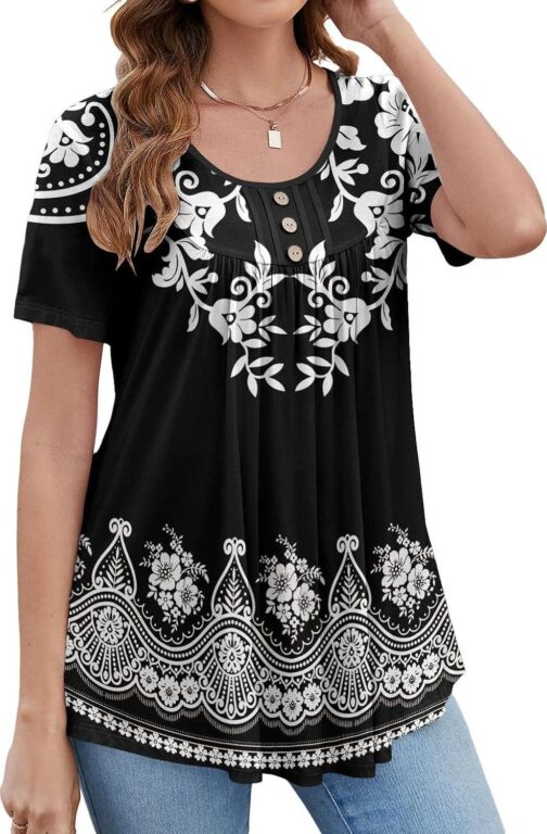 BeadChica Women's Tunic Tops For Leggings Short Sleeve Shirts Botton Up Casual Ruched Blouses Clothes - Image 3