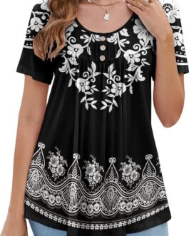 BeadChica Women’s Tunic Tops For Leggings Short Sleeve Shirts Botton Up Casual Ruched Blouses Clothes