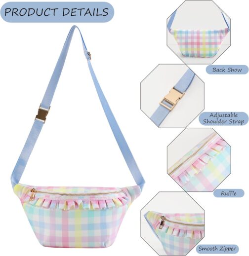 Belt Bag for Women Gingham Ruffle Crossbody Fanny Pack with Adjustable Strap,Fashion Waist Pack Bag Bum bag for Traveling Hiking Cycling Running Casual (Rainbow Plaid) - Image 5