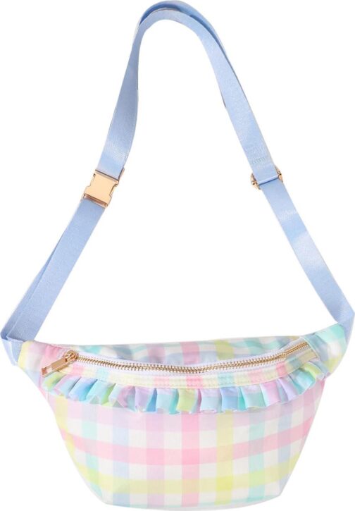 Belt Bag for Women Gingham Ruffle Crossbody Fanny Pack with Adjustable Strap,Fashion Waist Pack Bag Bum bag for Traveling Hiking Cycling Running Casual (Rainbow Plaid)