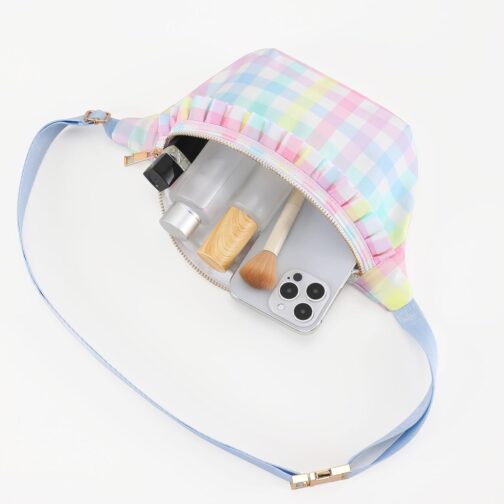Belt Bag for Women Gingham Ruffle Crossbody Fanny Pack with Adjustable Strap,Fashion Waist Pack Bag Bum bag for Traveling Hiking Cycling Running Casual (Rainbow Plaid) - Image 3