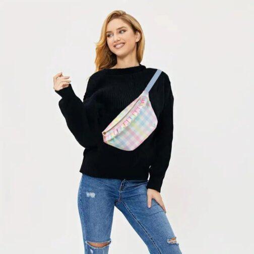 Belt Bag for Women Gingham Ruffle Crossbody Fanny Pack with Adjustable Strap,Fashion Waist Pack Bag Bum bag for Traveling Hiking Cycling Running Casual (Rainbow Plaid) - Image 7