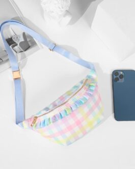 Belt Bag for Women Gingham Ruffle Crossbody Fanny Pack with Adjustable Strap,Fashion Waist Pack Bag Bum bag for Traveling Hiking Cycling Running Casual (Rainbow Plaid)