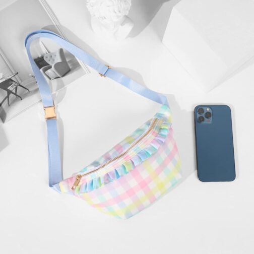 Belt Bag for Women Gingham Ruffle Crossbody Fanny Pack with Adjustable Strap,Fashion Waist Pack Bag Bum bag for Traveling Hiking Cycling Running Casual (Rainbow Plaid) - Image 2