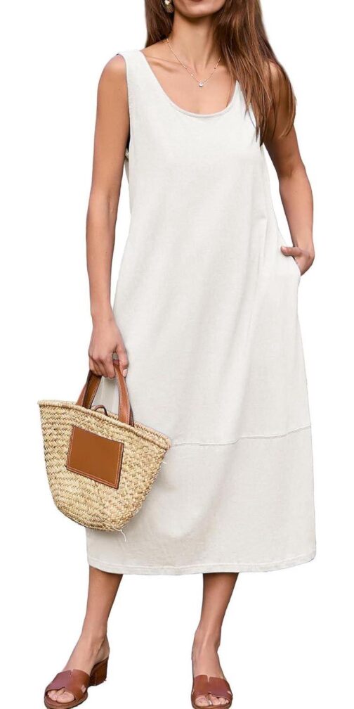 BerryGo Women's Loose Casual Midi Cotton Dresses Sundress Sleeveless Beach Summer Trendy Tank Top Dress with Pockets
