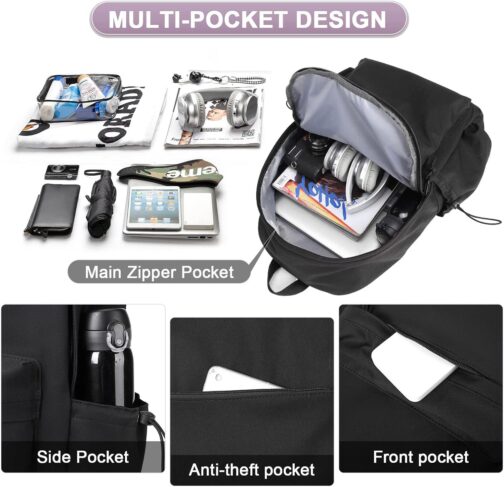 Black Backpack Lightweight Bag Waterproof High Middle Backpack For Cute Aesthetic Backpack Casual Daypack For Men Women - Image 4