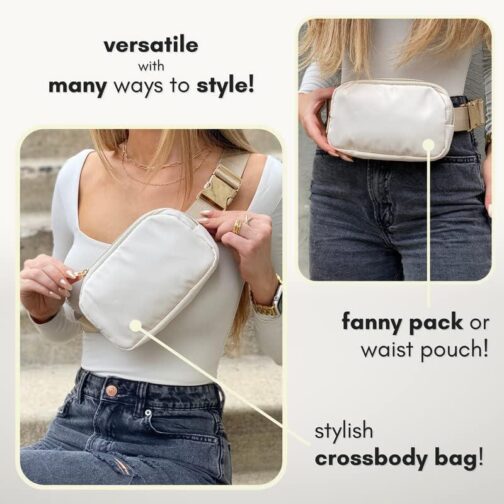 Boutique Belt Bag | Crossbody Fanny Pack for Women Fashionable | Cute Mini Everywhere Bum Hip Waist Pack | Small Fashion Travel Chest Bag | Gold Accessories | Adjustable Small Strap | Cream - Image 5