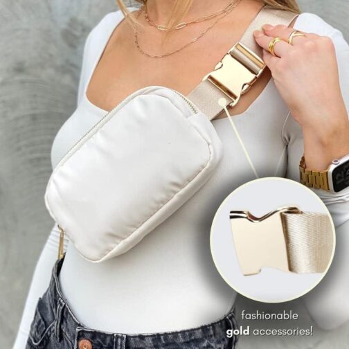 Boutique Belt Bag | Crossbody Fanny Pack for Women Fashionable | Cute Mini Everywhere Bum Hip Waist Pack | Small Fashion Travel Chest Bag | Gold Accessories | Adjustable Small Strap | Cream - Image 2