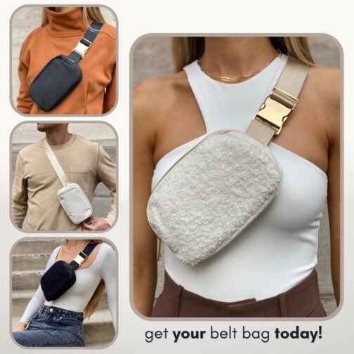 Boutique Fleece Belt Bag | Sherpa Crossbody Bag Fanny Pack for Women Fashionable | Everywhere Waist Pack | Small Fashion Travel Chest Bag (Extended Strap Length, Cream Fleece) - Image 7