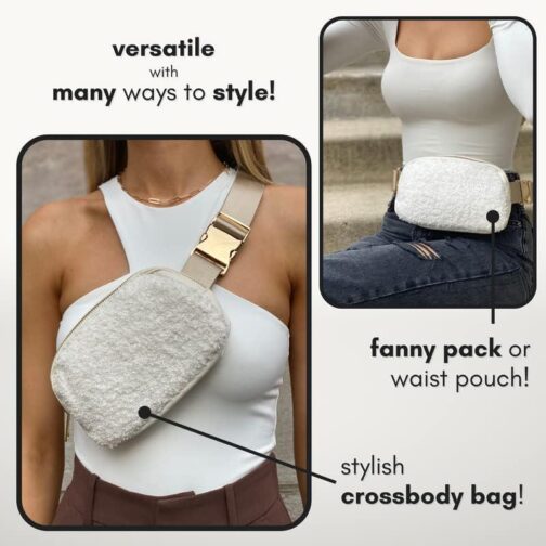 Boutique Fleece Belt Bag | Sherpa Crossbody Bag Fanny Pack for Women Fashionable | Everywhere Waist Pack | Small Fashion Travel Chest Bag (Extended Strap Length, Cream Fleece) - Image 5