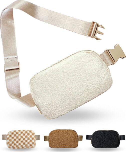 Boutique Fleece Belt Bag | Sherpa Crossbody Bag Fanny Pack for Women Fashionable | Everywhere Waist Pack | Small Fashion Travel Chest Bag (Extended Strap Length, Cream Fleece)