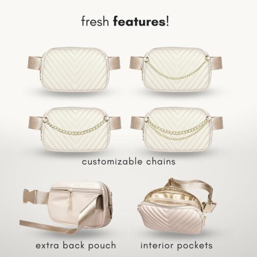 Boutique Luxury Chain Belt Bag | Crossbody Bag Leather Fanny Pack for Women Fashionable | Cute Everywhere Bum Hip Waist Designer Pack | Small Travel Fashion Chest Bag (Extended Strap, Cream | Chevron) - Image 4