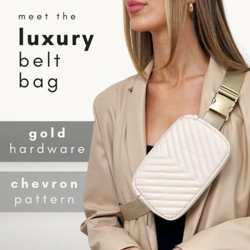 Boutique Luxury Chain Belt Bag | Crossbody Bag Leather Fanny Pack for Women Fashionable | Cute Everywhere Bum Hip Waist Designer Pack | Small Travel Fashion Chest Bag (Extended Strap, Cream | Chevron) - Image 2