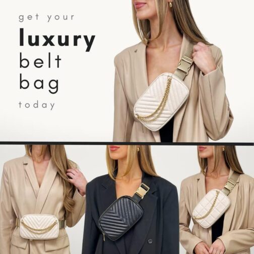 Boutique Luxury Chain Belt Bag | Crossbody Bag Leather Fanny Pack for Women Fashionable | Cute Everywhere Bum Hip Waist Designer Pack | Small Travel Fashion Chest Bag (Extended Strap, Cream | Chevron) - Image 6