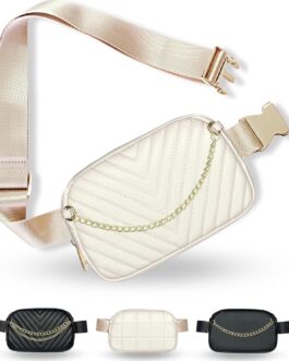 Boutique Luxury Chain Belt Bag | Crossbody Bag Leather Fanny Pack for Women Fashionable | Cute Everywhere Bum Hip Waist Designer Pack | Small Travel Fashion Chest Bag (Extended Strap, Cream | Chevron)