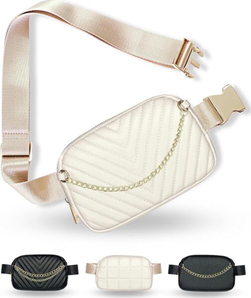 Boutique Luxury Chain Belt Bag | Crossbody Bag Leather Fanny Pack for Women Fashionable | Cute Everywhere Bum Hip Waist Designer Pack | Small Travel Fashion Chest Bag (Extended Strap, Cream | Chevron)