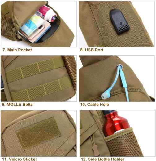 BraveHawk OUTDOORS Tactical Sling Crossbody Bag, 800D Military Nylon Oxford Utility EDC Chest Pack Shoulder Daypack Organizer - Image 8
