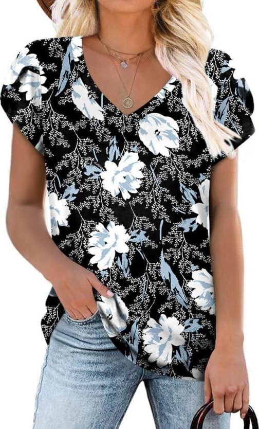 CATHY 2024 Womens Summer Tunics Tops Short Sleeve Casual T-Shirts V Neck Loose Comfy Tee Lightweight Cute Blouse