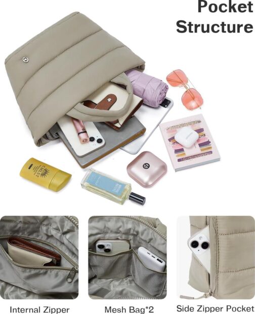CHOLISS Small Puffer Tote Bag for Women - Quilted Crossbody Bags, Puffy Nylon Satchel Travel Handbags - Image 4