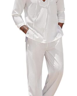 COOFANDY Men’s 2 Piece Linen Set Long Sleeve Henley Shirts Casual Beach Pants With Pockets Summer Yoga Outfits