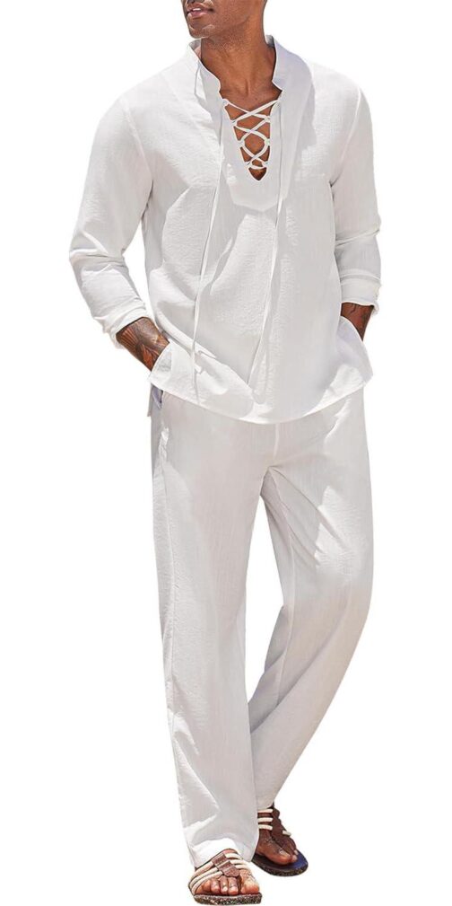 COOFANDY Men's 2 Piece Linen Set Long Sleeve Henley Shirts Casual Beach Pants With Pockets Summer Yoga Outfits