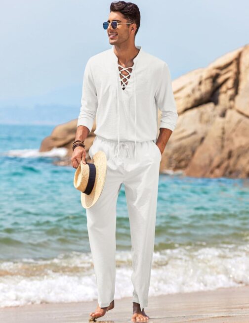 COOFANDY Men's 2 Piece Linen Set Long Sleeve Henley Shirts Casual Beach Pants With Pockets Summer Yoga Outfits - Image 7