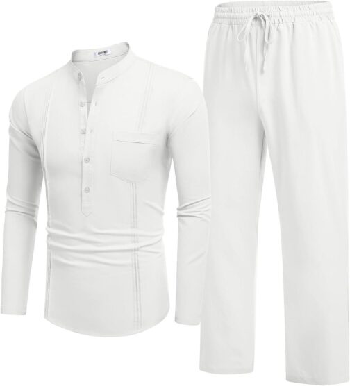 COOFANDY Men's 2 Piece Cotton Linen Sets Casual Long Sleeve Henley Shirts Yoga Pants Set Beach Cuban Outfits - Image 7