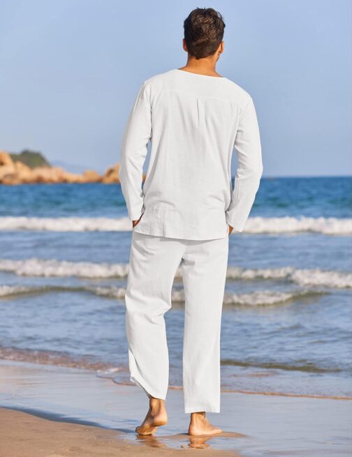COOFANDY Men's 2 Pieces Cotton Linen Set Henley Shirt Long Sleeve and Casual Beach Pants Summer Yoga Outfits - Image 4