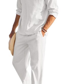 COOFANDY Men’s 2 Pieces Cotton Linen Set Henley Shirt Long Sleeve and Casual Beach Pants Summer Yoga Outfits