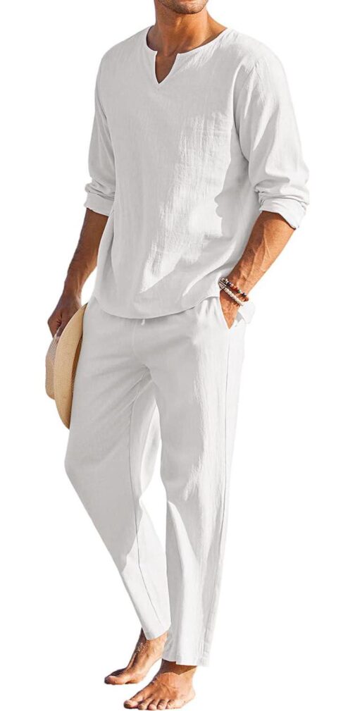 COOFANDY Men's 2 Pieces Cotton Linen Set Henley Shirt Long Sleeve and Casual Beach Pants Summer Yoga Outfits
