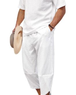COOFANDY Men’s 2 Pieces Linen Set Henley Shirt Short Sleeve and Harem Capri Pants Wide Leg Baggy Beach Yoga Trousers Outfits
