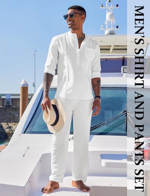 COOFANDY Men's 2 Piece Cotton Linen Sets Casual Long Sleeve Henley Shirts Yoga Pants Set Beach Cuban Outfits - Image 3