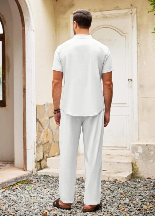 COOFANDY Men's 2 Pieces Cotton Linen Set Casual Short Sleeve Henley Shirts Beach Yoga Pants Summer Outfits - Image 9