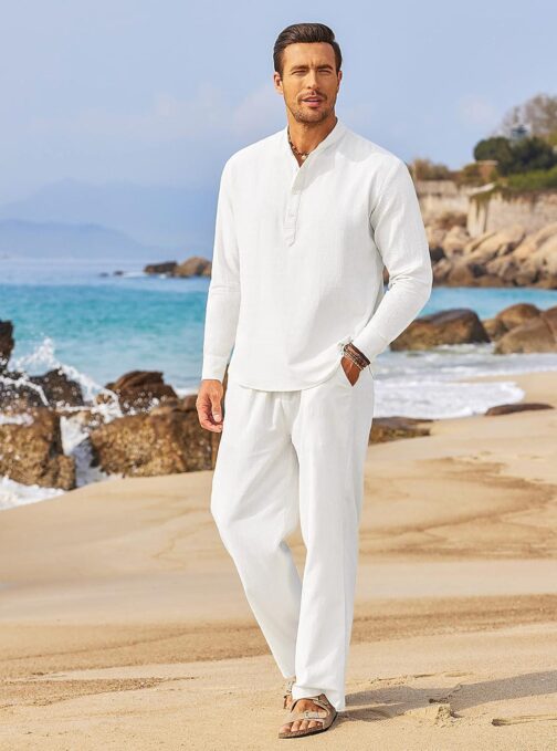 COOFANDY Men's 2 Pieces Cotton Linen Set Long Sleeve Henley Shirts Casual Beach Pants With Pockets Summer Yoga Outfits - Image 7