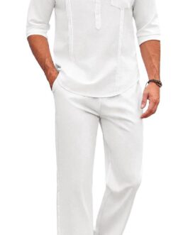 COOFANDY Men’s 2 Piece Cotton Linen Sets Casual Long Sleeve Henley Shirts Yoga Pants Set Beach Cuban Outfits