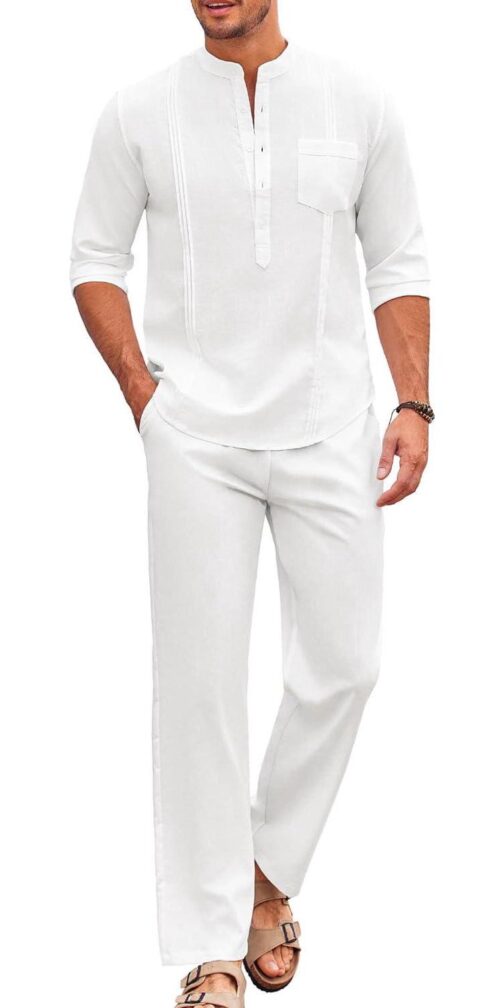 COOFANDY Men's 2 Piece Cotton Linen Sets Casual Long Sleeve Henley Shirts Yoga Pants Set Beach Cuban Outfits
