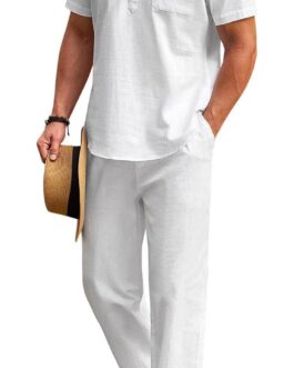 COOFANDY Men’s 2 Pieces Cotton Linen Set Casual Short Sleeve Henley Shirts Beach Yoga Pants Summer Outfits