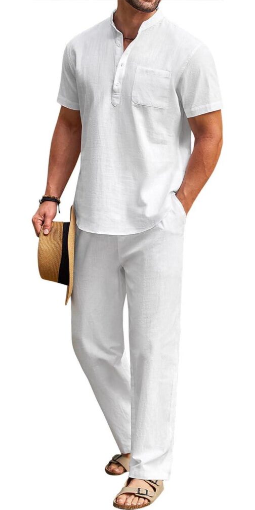COOFANDY Men's 2 Pieces Cotton Linen Set Casual Short Sleeve Henley Shirts Beach Yoga Pants Summer Outfits
