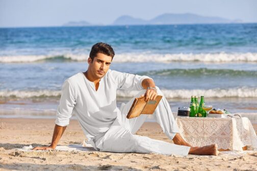 COOFANDY Men's 2 Pieces Cotton Linen Set Henley Shirt Long Sleeve and Casual Beach Pants Summer Yoga Outfits - Image 7