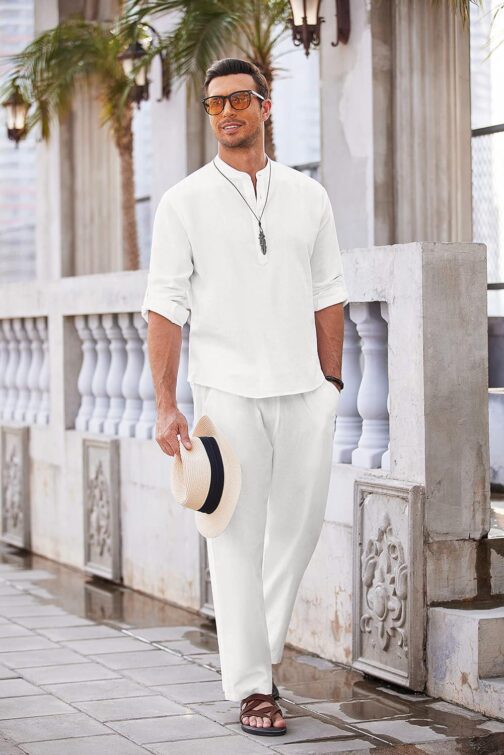 COOFANDY Men's 2 Pieces Cotton Linen Set Long Sleeve Henley Shirts Casual Beach Pants With Pockets Summer Yoga Outfits - Image 3