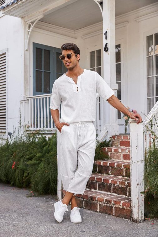 COOFANDY Men's 2 Pieces Linen Set Henley Shirt Short Sleeve and Harem Capri Pants Wide Leg Baggy Beach Yoga Trousers Outfits - Image 4