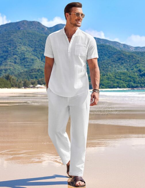 COOFANDY Men's 2 Pieces Cotton Linen Set Casual Short Sleeve Henley Shirts Beach Yoga Pants Summer Outfits - Image 4