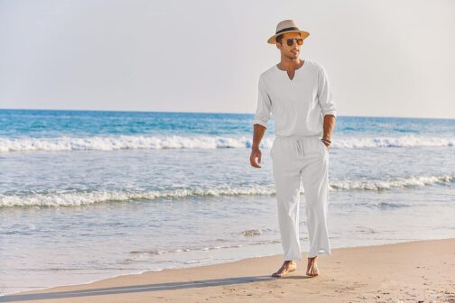 COOFANDY Men's 2 Pieces Cotton Linen Set Henley Shirt Long Sleeve and Casual Beach Pants Summer Yoga Outfits - Image 9