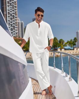 COOFANDY Men’s 2 Pieces Cotton Linen Set Long Sleeve Henley Shirts Casual Beach Pants With Pockets Summer Yoga Outfits