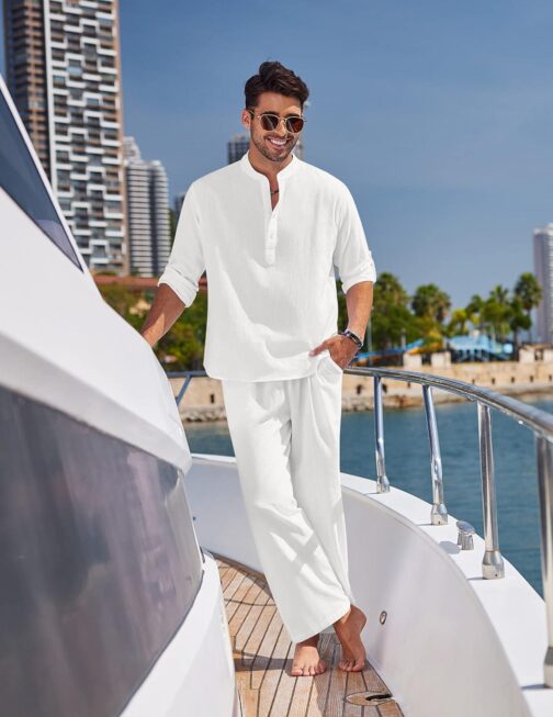 COOFANDY Men's 2 Pieces Cotton Linen Set Long Sleeve Henley Shirts Casual Beach Pants With Pockets Summer Yoga Outfits - Image 2
