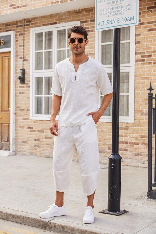 COOFANDY Men's 2 Pieces Linen Set Henley Shirt Short Sleeve and Harem Capri Pants Wide Leg Baggy Beach Yoga Trousers Outfits - Image 9