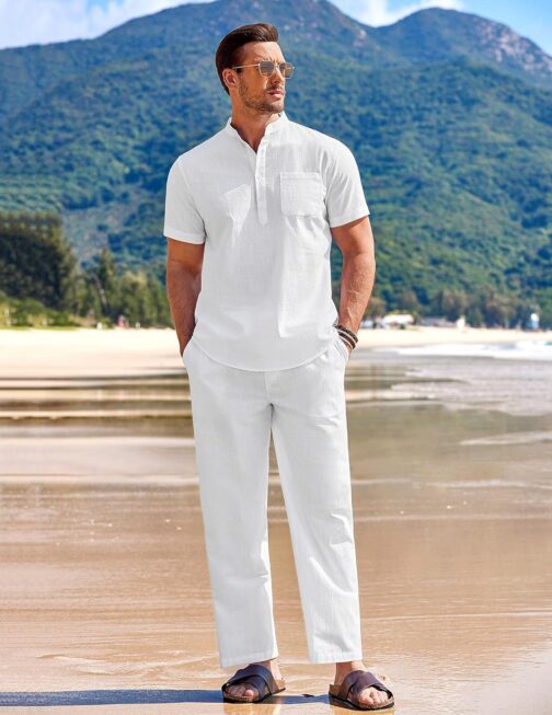 COOFANDY Men's 2 Pieces Cotton Linen Set Casual Short Sleeve Henley Shirts Beach Yoga Pants Summer Outfits - Image 7