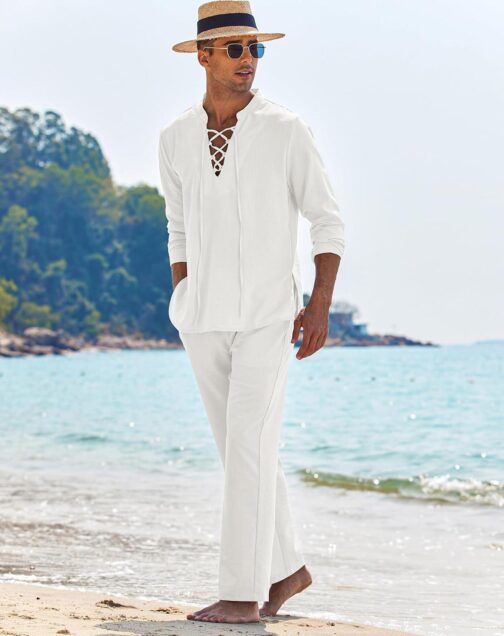 COOFANDY Men's 2 Piece Linen Set Long Sleeve Henley Shirts Casual Beach Pants With Pockets Summer Yoga Outfits - Image 8