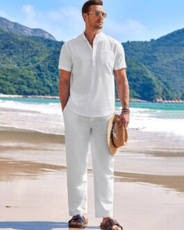 COOFANDY Men’s 2 Pieces Cotton Linen Set Casual Short Sleeve Henley Shirts Beach Yoga Pants Summer Outfits