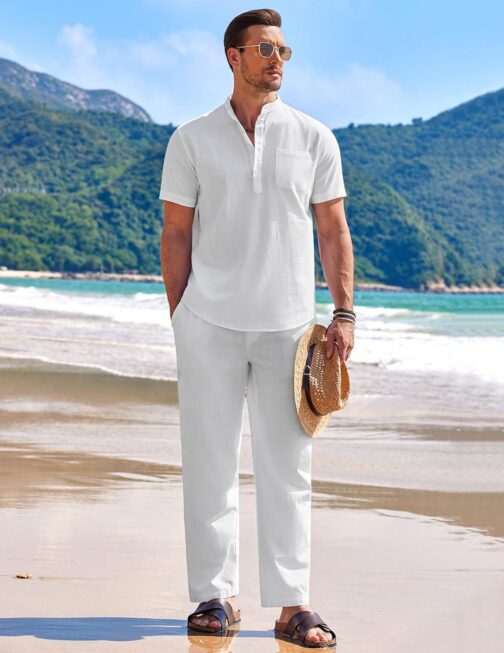 COOFANDY Men's 2 Pieces Cotton Linen Set Casual Short Sleeve Henley Shirts Beach Yoga Pants Summer Outfits - Image 2